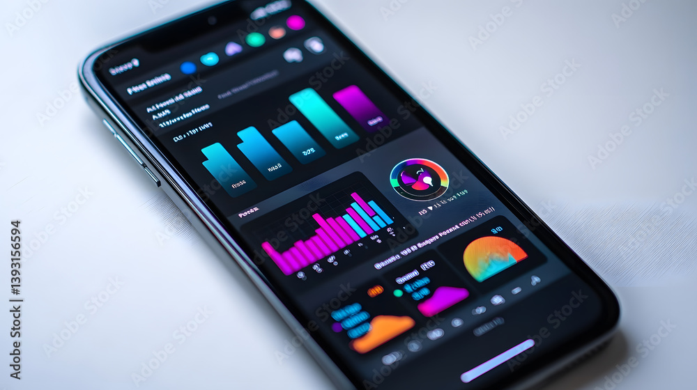 Poster close-up of a smartphone displaying vibrant data graphs and charts. a dark theme emphasizes the colo