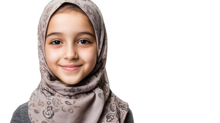 Portrait of smiling young girl in hijab isolated on white background