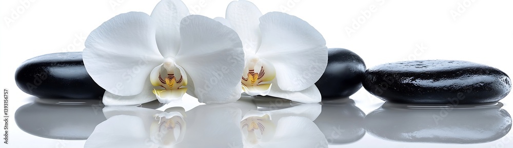 Poster zen still life with white orchids and black stones reflecting in water serene spa scene for relaxati