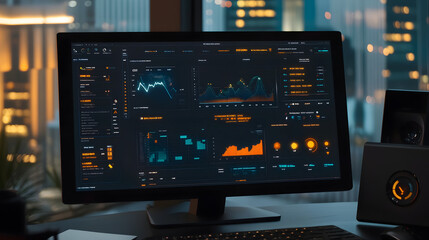 A modern computer monitor displays a sophisticated dashboard with various graphs and data visualizations.