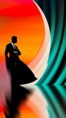 Silhouette of man in suit against abstract colorful background
