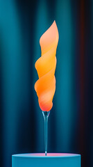 Colorful glass sculpture with swirling design on blue background