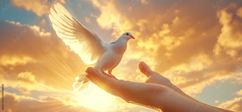Poster dove spreading wings while displayed on a hand against a majestic sunset sky : generative ai
