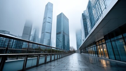 Great depression, A foggy urban landscape features modern skyscrapers and a sleek pathway, creating a mysterious and captivating atmosphere.