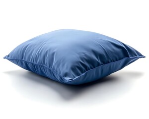 A single square blue pillow sits against a white background