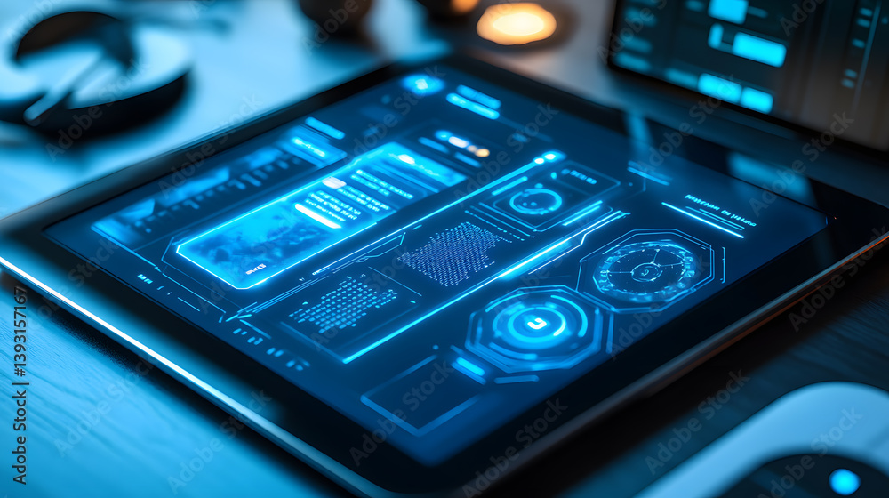 Poster close-up of a tablet displaying a futuristic, blue-hued digital interface with various data graphs a