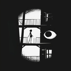 Silhouette of a girl walking on a balcony against a dark background