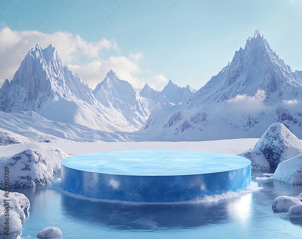Poster stunning panoramic view of an icy landscape with a circular frozen platform surrounded by majestic s