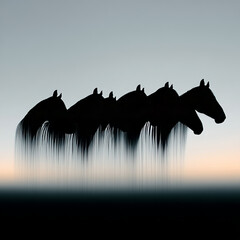 Silhouetted horses in motion against a gradient sky