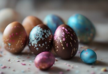 easter colourful head eggs over chocolate shot table no people colours gold nobody traditional blue background holiday celebration food event shiny delicious festive greeting sweet spring studio