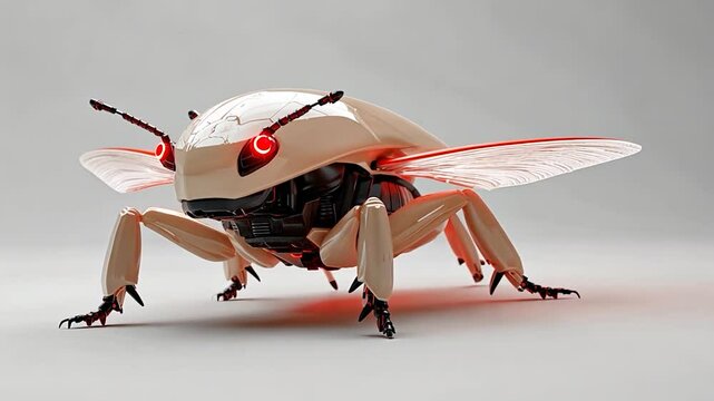 Futuristic robotic insect with glowing red eyes posed on a neutral background, showcasing technology