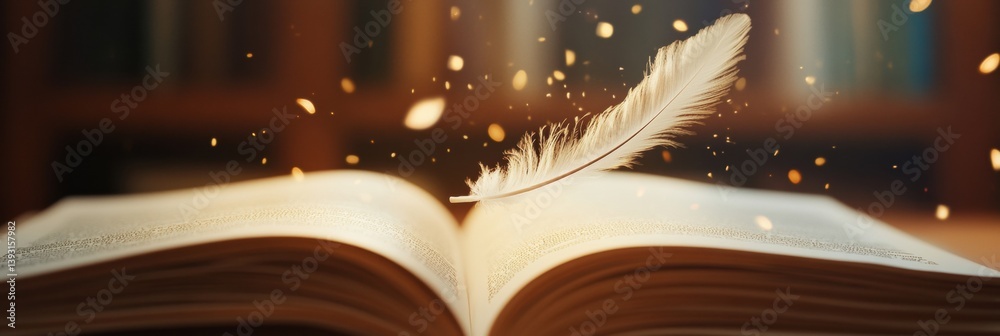 Leinwandbilder feather gracefully descends onto an open storybook in a magical and dreamy setting filled with soft 