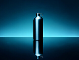 Stylish stainless steel water bottle on reflective surface