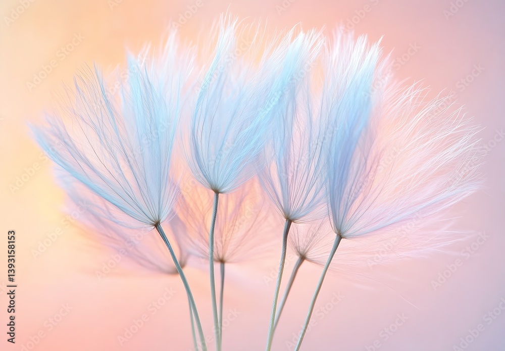 Poster whimsical soft blue feathers against a subtle pastel background exuding calmness : generative ai
