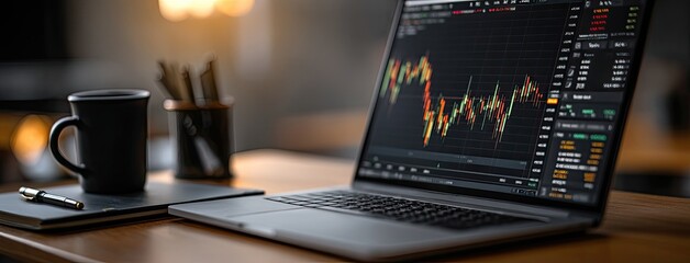 Financial data displays on a laptop in a cozy office setting, emphasizing the simplicity of online trading without special equipment