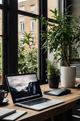 Fototapeta premium A laptop is open on a desk with a potted plant and a vase of flowers