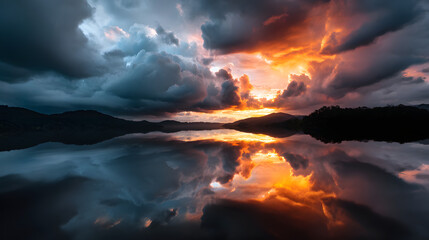 Fototapeta premium Dramatic sunset sky reflecting on clouds above the mountains.