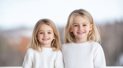 Obraz premium Two young girls, smiling and looking at the camera, wearing white sweaters