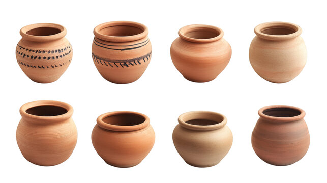 Set collection of beautiful traditional pottery clay pots isolated on white background