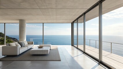 Fototapeta premium A modern, minimalist living room with large windows offering a stunning ocean view, creating a serene and open atmosphere.
