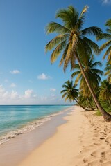 Obraz premium Tranquil Beach With Palm Trees and Gentle Waves on a Sunny Day