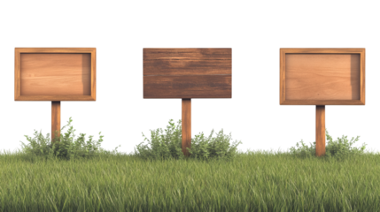 Set collection of empty wooden billboards on the grass isolated on white background
