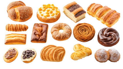 Set collection of different tasty fresh bakery snacks items isolated on white background