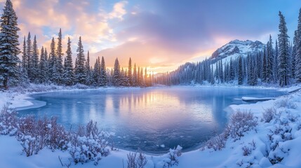 Fototapeta premium A beautiful frozen lake in a secluded forest, surrounded by snow-covered trees and soft morning light