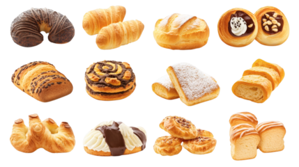 Set collection of different tasty fresh bakery snacks items isolated on white background