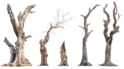 Set collection of giant old dead trees isolated on white background