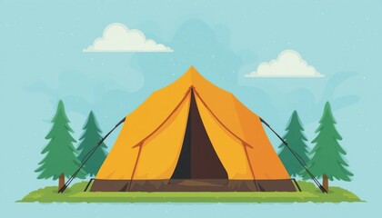 Camping adventure outdoor retreat tent setup nature scene summer vibes bright and colorful animation