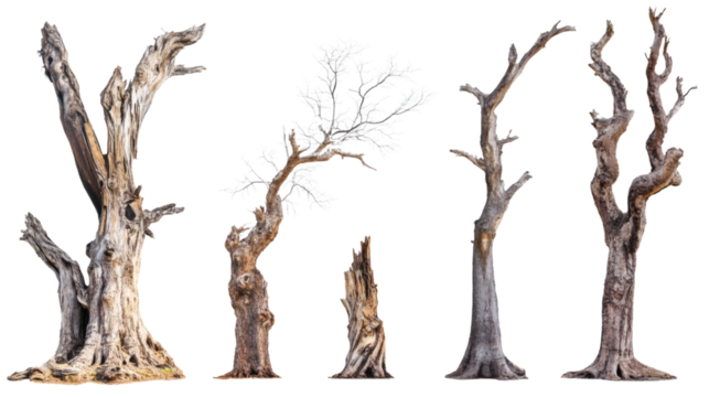 Set collection of giant old dead trees isolated on white background