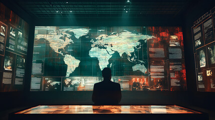A silhouetted figure sits before a massive digital world map display surrounded by data streams and documents.