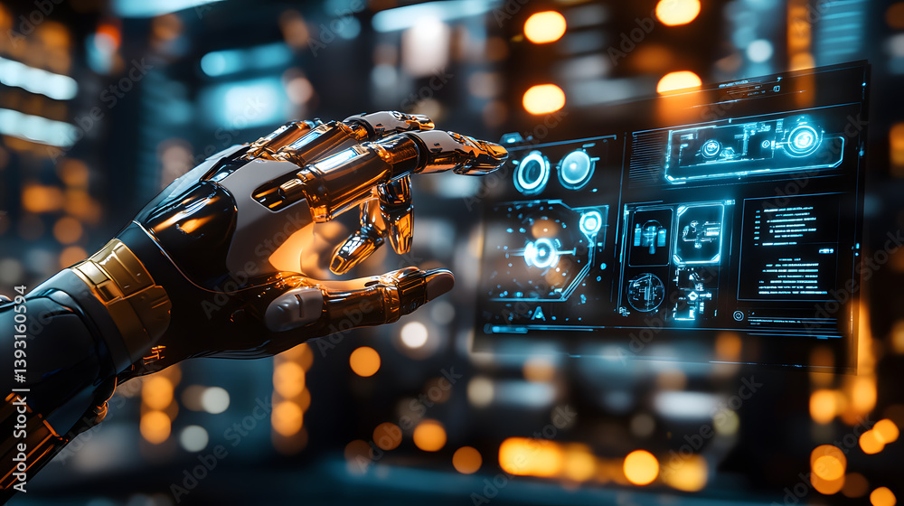 Poster a robotic hand interacts with a futuristic holographic interface, displaying complex data and contro