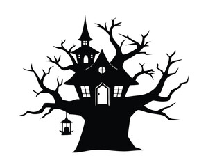  Halloween tree house vector silhouette on white background
