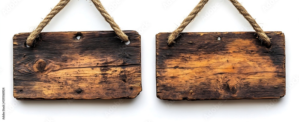 Poster rustic wooden signage two hanging blank wood signs with rope on white background for custom messages