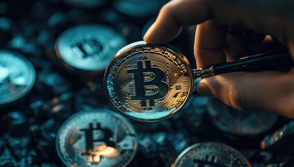 Hand holding magnifying glass over a Bitcoin coin, surrounded by more Bitcoins