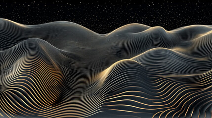 Abstract representation of flowing waves with golden lines against a starry night sky backdrop