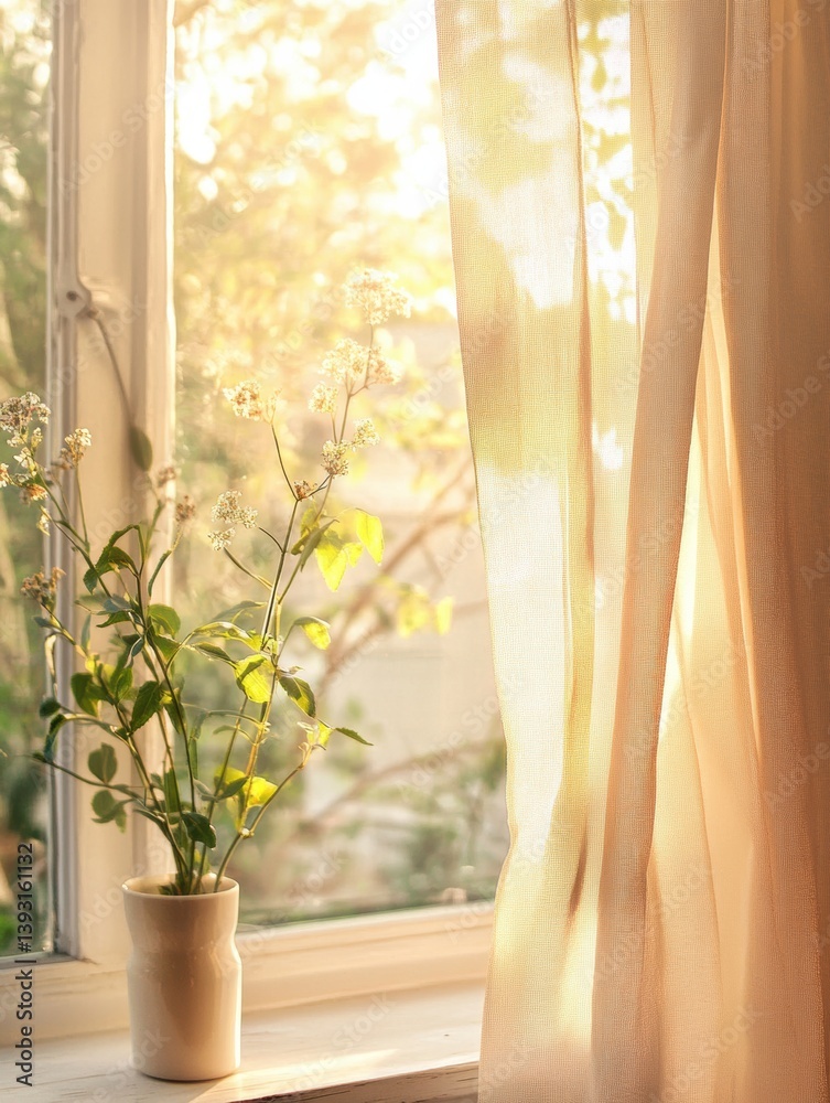 Poster Sunlit window with gently blowing curtains creating a serene pastel atmosphere on a warm morning