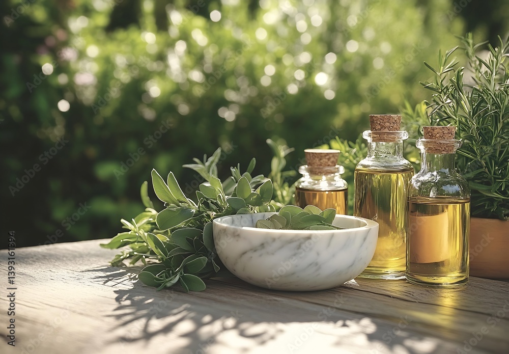Poster fresh and natural herbal oils with greenery background ideal for wellness and relaxation : generativ