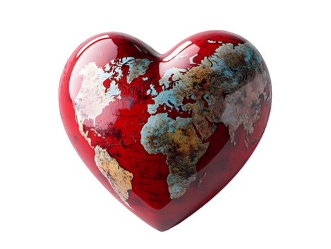 Red heart-shaped object with a world map design on it, white background. PNG transparent.