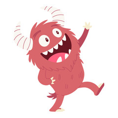 Cute red monster with horns. Vector children's flat illustration