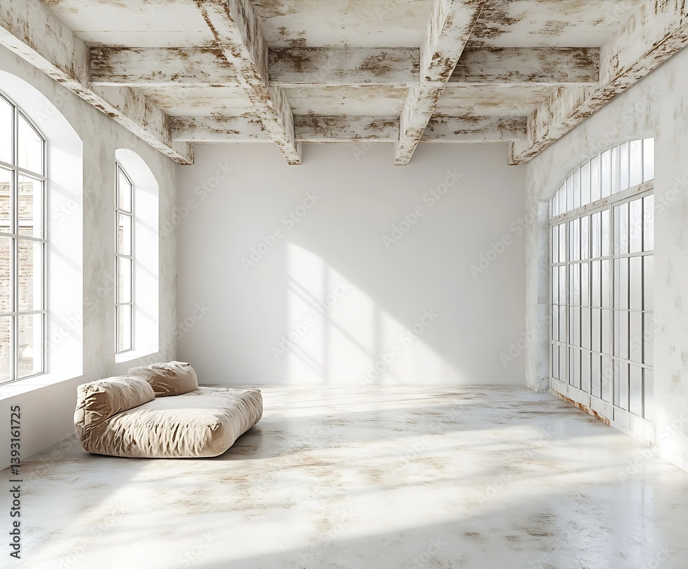Poster rustic chic interior design with exposed beams natural light and a comfortable sofa in a spacious ro