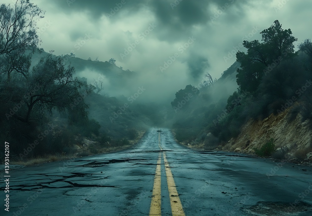 Poster Mysterious and foggy road scene surrounded by rugged terrain and overcast skies creating an eerie atmosphere in nature : Generative AI