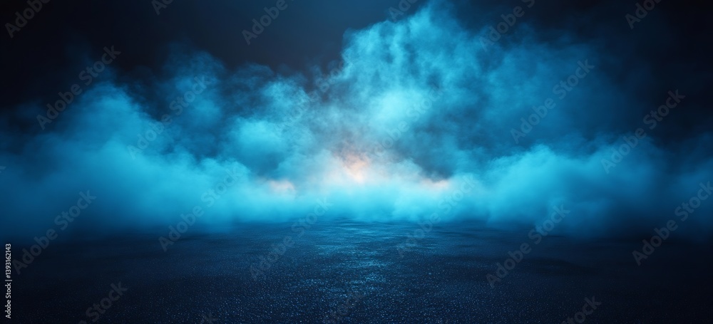 Fototapete ethereal blue mist landscape backdrop abstract stage with mysterious lighting and dark floor for bac