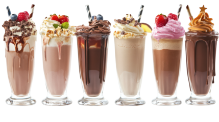 Set of chocolate milk shakes with various flavors isolated on white background