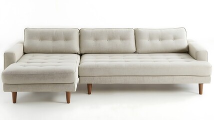 White sectional sofa with a brown wood frame