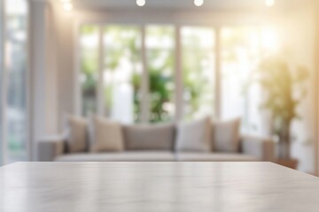 Fototapeta premium Minimalist interior with a bright, airy feel. The focus is on a clean table surface, with a cozy living space blurred in the background.