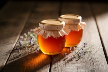 Two jars of golden honey with decorative fabric covers on a rustic wooden table surrounded by lavender sprigs, showcasing an artisanal and natural aesthetic perfect for promoting organic products