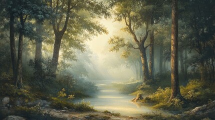 Fototapeta premium A peaceful morning in a forest with mist hovering over the ground and sunlight peeking through the trees